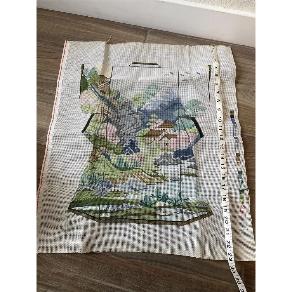 Hand-Stitched Needlepoint Tapestry Unfinished Asian Kimono Landscape Wall Art
